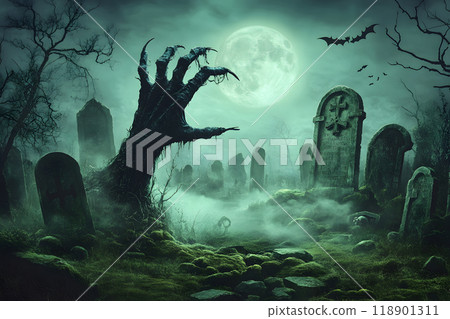 墓園裡的滿月之夜，殭屍手漂浮 — 萬聖節恐怖和驚悚片的恐怖景觀 118901311