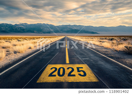 通往 2025 年的筆直道路。象徵未來目標和願景的景觀 118901402