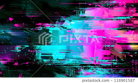 Vibrant Neon Electric Pink and Blue Glitch Art Background with Pixelated Lines and Distortion for Modern Digital Design 118901587