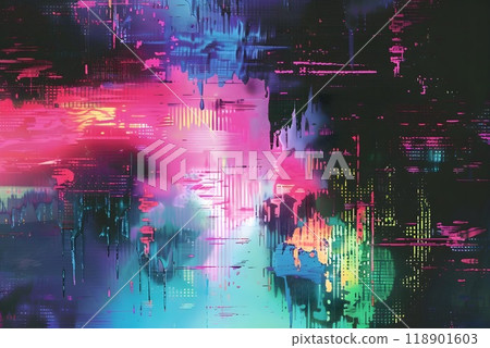 Abstract Futuristic Glitch Art Design with Neon Electric Pink and Blue Colors Pixelated Lines and Distorted Color Shifts 118901603