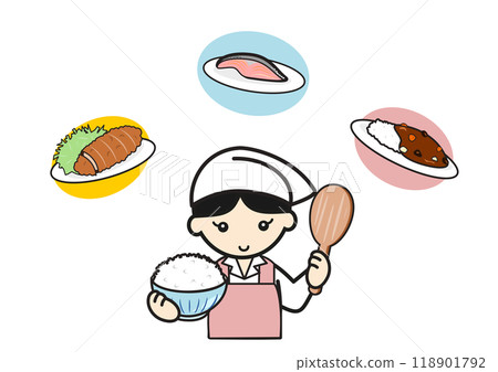 A woman wearing an apron and various dishes holding rice and a rice scoop 118901792