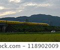A yellow Shinkansen train racing through the Showa era countryside 118902009