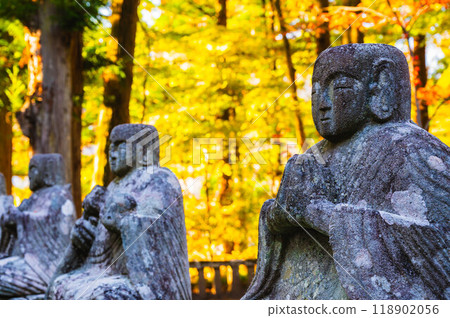 Autumn in Shikayu Onsen: Jizo statues lined up in the Monjudo Hall Autumn in Shikayu Onsen: Jizo statues lined up in the Monjudo Hall 118902056