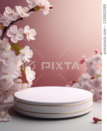 white 3d podium with white sakura 118902089