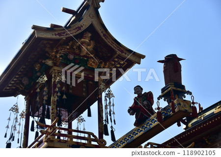 Takayama City, Gifu Prefecture, Japan - Spring Takayama Festival floats all lined up - Karakuri puppet dragon god float - A Chinese child carrying a jar containing a dragon god Takayama City, Gifu Prefecture, Japan - Spring Takayama Festival floats all lined up - Karakuri puppet dragon god float - A Chinese child carrying a jar containing a dragon god 118902105