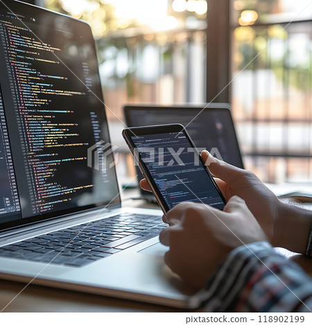 使用筆記型電腦和智慧型手機進行編碼 - 行動和桌面程式設計工作場景 118902199