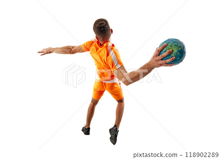 Dynamic image of athletic muscular young man, handball player in motion during intense training session isolated on white background Dynamic image of athletic muscular young man, handball player in motion during intense training session isolated on white background 118902289
