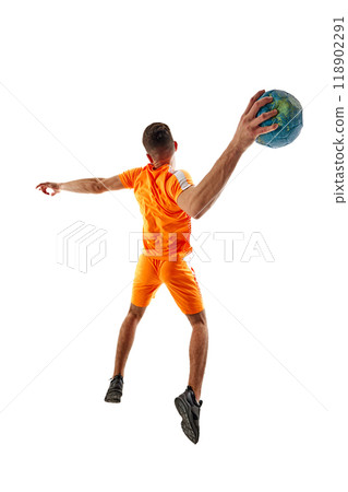 Young athletic woman, handball player in orange uniform in motion, throwing ball, playing isolated on white background 118902291