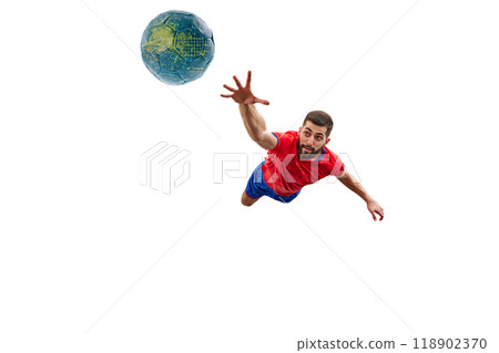 Young competitive and focused man, professional handball player in motion during game, catching ball isolated on white background Young competitive and focused man, professional handball player in motion during game, catching ball isolated on white background 118902370