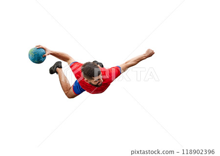 Top view of athletic young man in red and blue uniform, handball player on motion, throwing ball isolated on white background 118902396