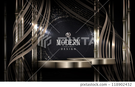 Beige composition with round frame and podium, tinsel and bamboo branches 118902432