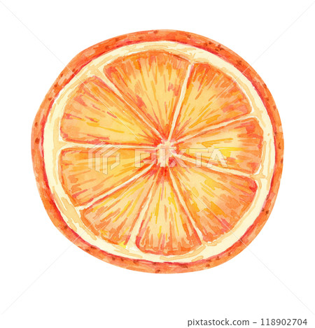An orange slice in vibrant orange tones, Watercolor illustration, perfect for summer-themed designs, food blogs and kitchen decor. Detailed citrus fruit clipart for recipe books and beverage packaging 118902704