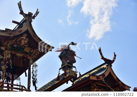 Takayama City, Gifu Prefecture - Spring Takayama Festival floats all lined up - Karakuri puppet dragon god float - Dragon god flying in anger, raising confetti 118902722