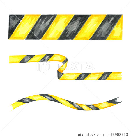 Set of black and yellow striped safety tapes. Watercolor clipart of the warning barrier. Ideal for use in safety posters, construction site designs, and workplace safety branding Set of black and yellow striped safety tapes. Watercolor clipart of the warning barrier. Ideal for use in safety posters, construction site designs, and workplace safety branding 118902760
