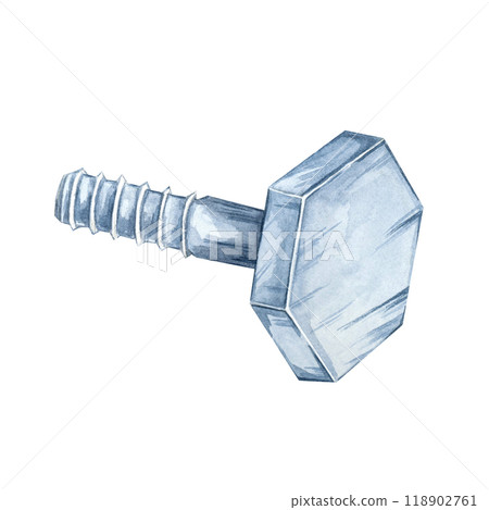 Metal bolt with a hexagonal head and threaded shaft. Watercolor clipart of the workshop tool. Perfect for use in mechanical designs, tool branding, DIY, flyers and industrial engineering projects Metal bolt with a hexagonal head and threaded shaft. Watercolor clipart of the workshop tool. Perfect for use in mechanical designs, tool branding, DIY, flyers and industrial engineering projects 118902761
