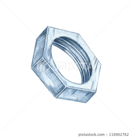 Hexagonal metal nut, with detailed metallic textures and shading. Watercolor clipart of the workshop tool. Ideal for use in mechanical designs, tool branding, flyers or engineering projects Hexagonal metal nut, with detailed metallic textures and shading. Watercolor clipart of the workshop tool. Ideal for use in mechanical designs, tool branding, flyers or engineering projects 118902762