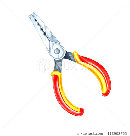 Pair of pliers with red and yellow handles and built-in wire cutter. Watercolor clipart of the workshop tool. Suitable for electronics, DIY projects, hardware store branding, flyers and tool catalogs Pair of pliers with red and yellow handles and built-in wire cutter. Watercolor clipart of the workshop tool. Suitable for electronics, DIY projects, hardware store branding, flyers and tool catalogs 118902763