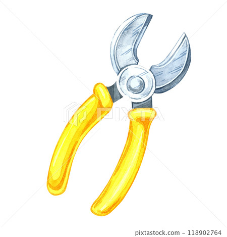 Wire cutter with vibrant yellow handles and a sharp metallic cutting edge. Watercolor clipart of the workshop tool. Ideal for electronics-related designs, tool branding, or instructional materials Wire cutter with vibrant yellow handles and a sharp metallic cutting edge. Watercolor clipart of the workshop tool. Ideal for electronics-related designs, tool branding, or instructional materials 118902764