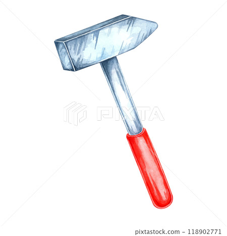 Hammer with a metallic head and a distinctive red handle. Watercolor clipart of the workshop tool. Perfect for construction websites, DIY project graphics, and hardware store branding, flyers Hammer with a metallic head and a distinctive red handle. Watercolor clipart of the workshop tool. Perfect for construction websites, DIY project graphics, and hardware store branding, flyers 118902771
