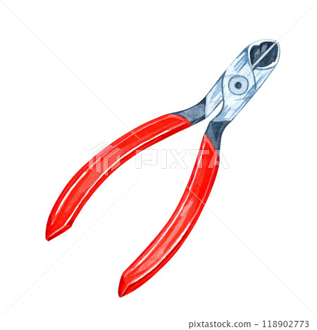 Pair of metal pliers with bright red handles. Watercolor clipart of the workshop tool. Ideal for use in construction-related designs, tool kits, instructional materials, and DIY project presentations Pair of metal pliers with bright red handles. Watercolor clipart of the workshop tool. Ideal for use in construction-related designs, tool kits, instructional materials, and DIY project presentations 118902773