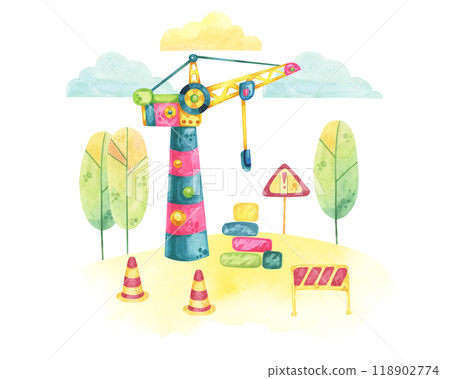Colorful tower crane set in a construction site with barriers, road signs, and trees. Vehicle toy Watercolor clipart for use in construction project illustrations, children's storybooks, or posters 118902774