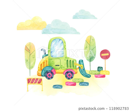 Green bulldozer navigating a small construction site with signs and barriers. Vehicle toy Watercolor clipart for use in children's educational materials, party supplies, or toy product packaging 118902783