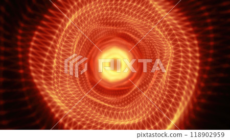 A glowing golden wireframe tunnel spiraling towards a bright center, creating a mesmerizing abstract design for technology, sci-fi, and digital themes 118902959