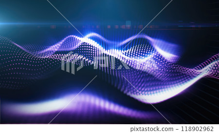 A mesmerizing display of purple glowing particle waves, representing abstract energy flows against a dark background 118902962