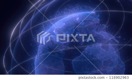 A digital representation of blue Earth with glowing lines encircling the planet, highlighting global connectivity and technology 118902963