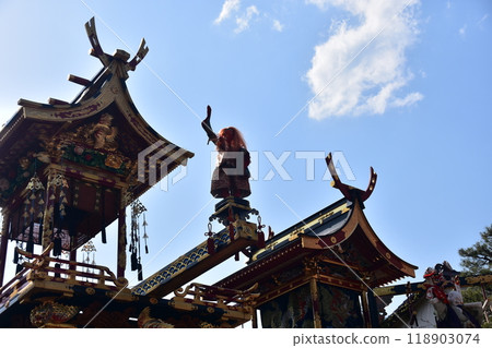 Takayama City, Gifu Prefecture, Japan - A full lineup of floats at the 2017 Takayama Festival - The first competition in 55 years between spring and autumn Karakuri puppet floats 118903074