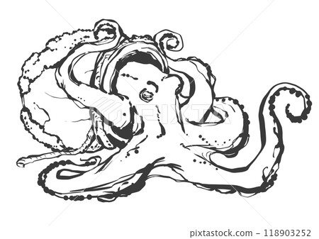 Hand-drawn illustration of an octopus pot and an octopus Hand-drawn illustration of an octopus pot and an octopus 118903252