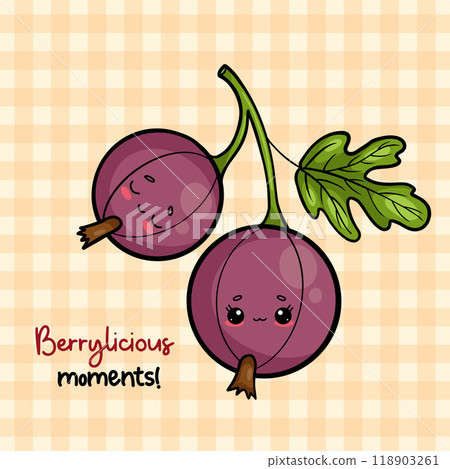 Cute Blue gooseberry branch, bush fruit. Cartoon funny kawaii berry character. Card with slogan. Vector illustration 118903261