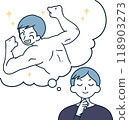 一個男人想像自己擁有訓練有素的肌肉的簡單插圖 118903273
