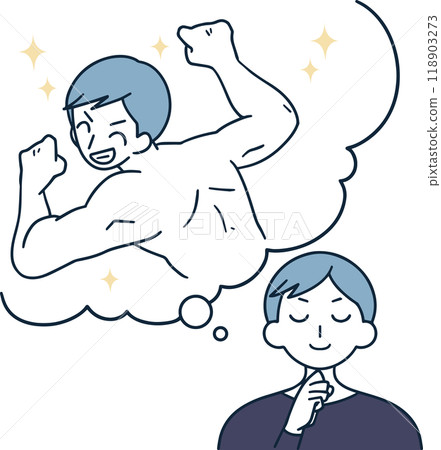 一個男人想像自己擁有訓練有素的肌肉的簡單插圖 一個男人想像自己擁有訓練有素的肌肉的簡單插圖 118903273