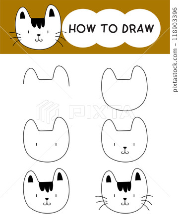 How to draw cat face cartoon step by step for learning, kid, education, coloring book. Vector illustration 118903396