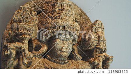 Close Up View On Statue Of Bhairava Or Frightful, Or Kala Bhairava, Is Shaivite And Vajrayana Deity Worshipped By Hindus And Buddhists. Antique Museum Piece Of Hoyasala Period, Karnataka 12th Century 118903553