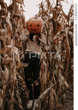 Happy Halloween. Young woman with big scary carved pumpkin on head having fun outdoors at autumn dry corn field. Festive party carnival with jack-o-lantern, trick or treat. Happy Halloween. Young woman with big scary carved pumpkin on head having fun outdoors at autumn dry corn field. Festive party carnival with jack-o-lantern, trick or treat. 118903713