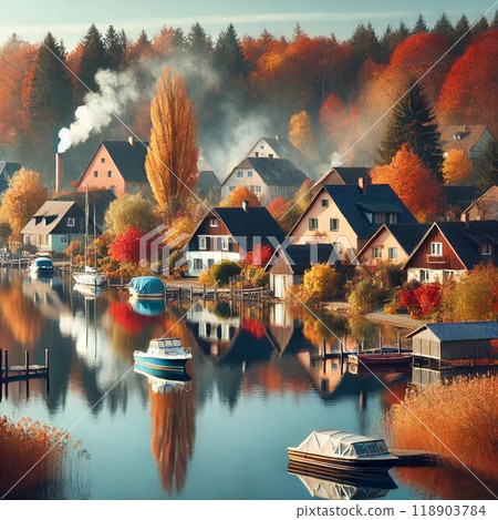 秋天湖邊小村莊插畫 118903784
