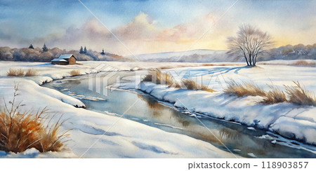 Frozen River in Snowy Winter Landscape. Watercolor 118903857
