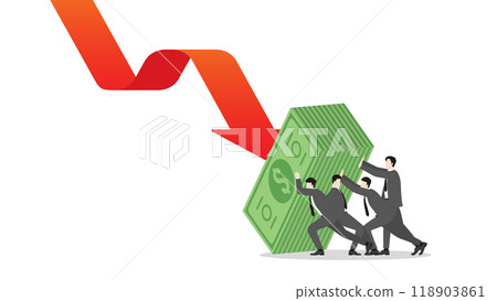Businessmen team pushing banknotes to resist a red down arrow. Financial crisis and economic downturn. A minimal style of an effect of inflation, recession, bankruptcy, and financial failure 118903861
