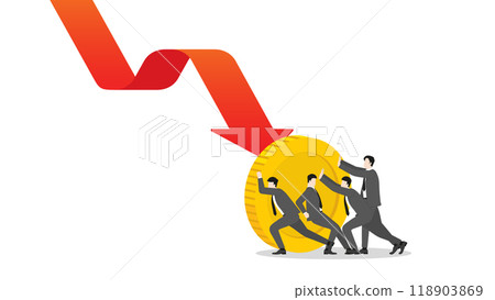Businessmen team pushing a coin to resist a red down arrow. Financial crisis and economic downturn. A minimal style of an effect of inflation, recession, bankruptcy, and financial failure Businessmen team pushing a coin to resist a red down arrow. Financial crisis and economic downturn. A minimal style of an effect of inflation, recession, bankruptcy, and financial failure 118903869