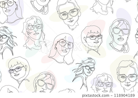 Continuous one line drawing. Seamless pattern from portraits of women and girls in minimalistic modern style on the white background. 118904189
