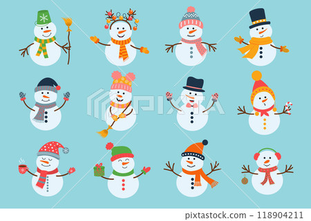 Set of christmas snowman isolated on blue background. Cute winter characters in scarf and hat.  118904211