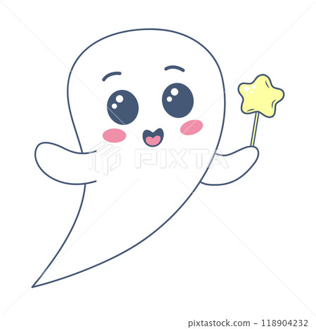 Halloween ghost in cute kawaii style. Funny spirit with star on stick isolated on white background 118904232