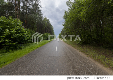Wet rain field paved road in the forest 118904342