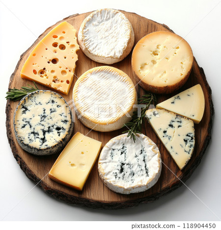 Generative ai illustration of a Assortment of various cheeses on wooden board Generative ai illustration of a Assortment of various cheeses on wooden board 118904450