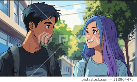 Anime-style male and female students AI 118904473