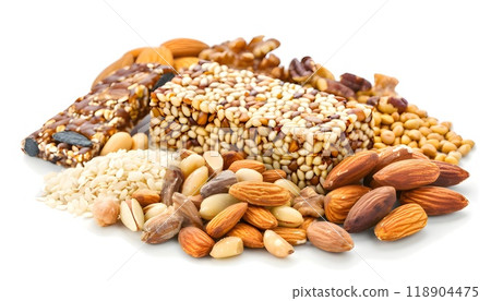 View of protein snack energy bar made from almonds, nuts, and other ingredients isolated on white 118904475