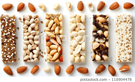 View of protein snack energy bar made from almonds, nuts, and other ingredients isolated on white View of protein snack energy bar made from almonds, nuts, and other ingredients isolated on white 118904476