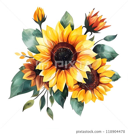 Water color sunflower with stalk and leaves clipart Water color sunflower with stalk and leaves clipart 118904478